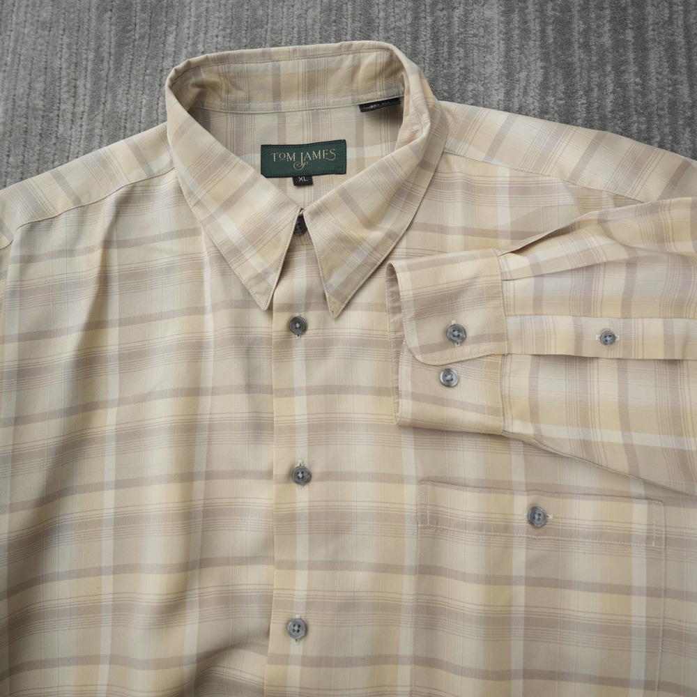 Tom James Shirt Men Button Up Plaid Long Sleeve 100% Silk Beige Pocket XL